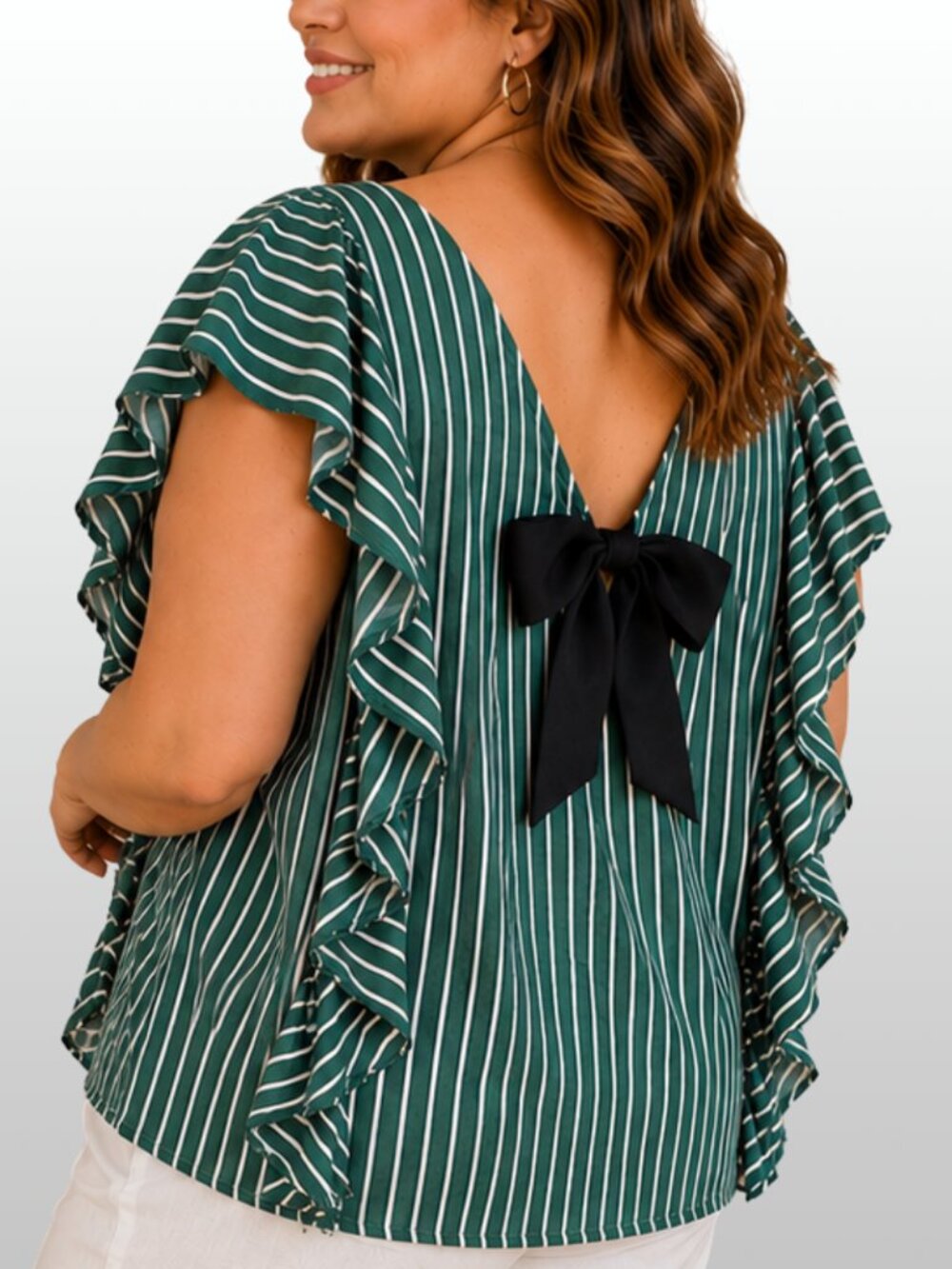 ELOQUII Bow Back Stripe Ruffle Sleeve Top Green White Cotton 24 Coastal Resort